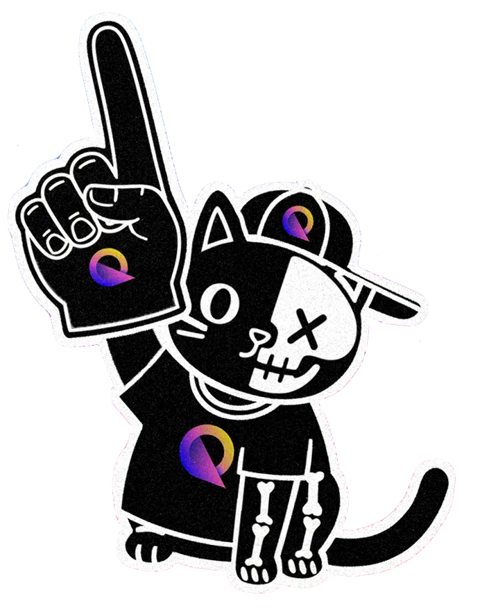 Cartoon cat mascot with half-skeleton design wearing a cap and shirt, holding up a foam finger with the Quantum Canary logo.