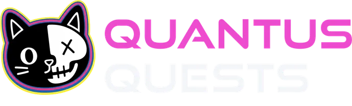 Headshot of quantus mascot of q-cat with text quantus quests beside it
