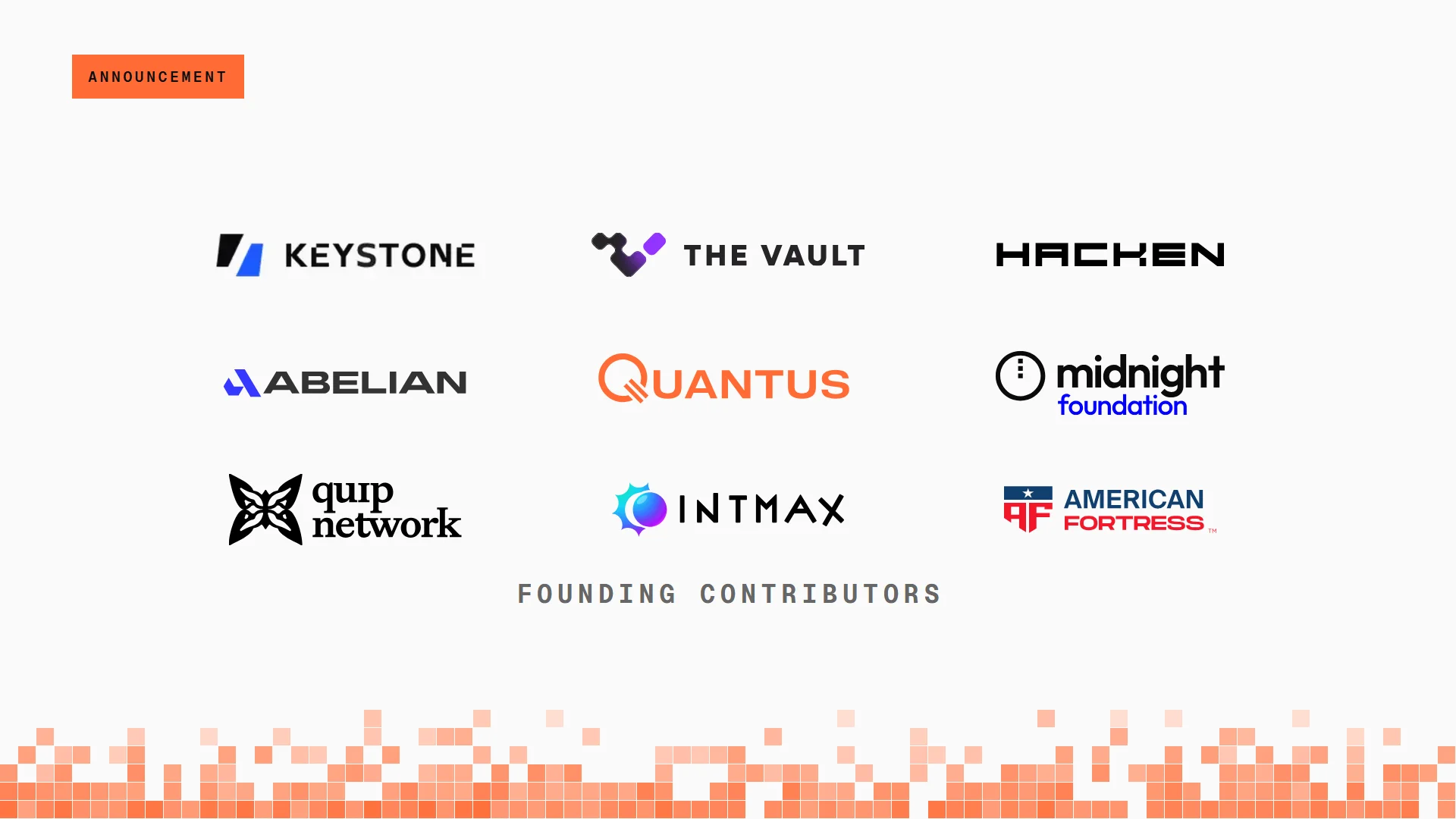 Quantum Alliance 创始贡献者的标志,包括 Quantus、Keystone、The Vault、Hacken、Abelian、Midnight Foundation、Quip Network、Intmax 和 American Fortress